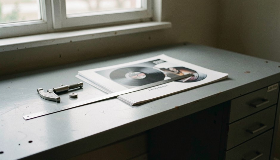 An empty grey steel desk with a steel rule, a micrometer and a squared stack of printed vinyl sheets under soft light from a window
