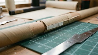 A workbench under a single overhead lamp, a cut length of arrow wrap film lying flat beside a hobby knife and a bare carbon shaft, the trimmed edge catching the light at a shallow angle, shot from slightly above at close range.