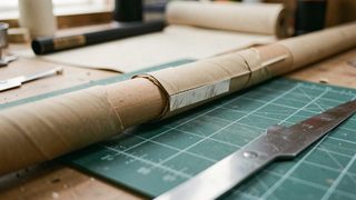 A close view of a wrapped arrow shaft on a bench showing the vertical seam where the film overlaps, beside a cutting mat and blade