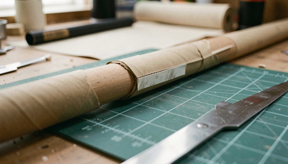A close view of a wrapped arrow shaft on a bench showing the vertical seam where the film overlaps, beside a cutting mat and blade