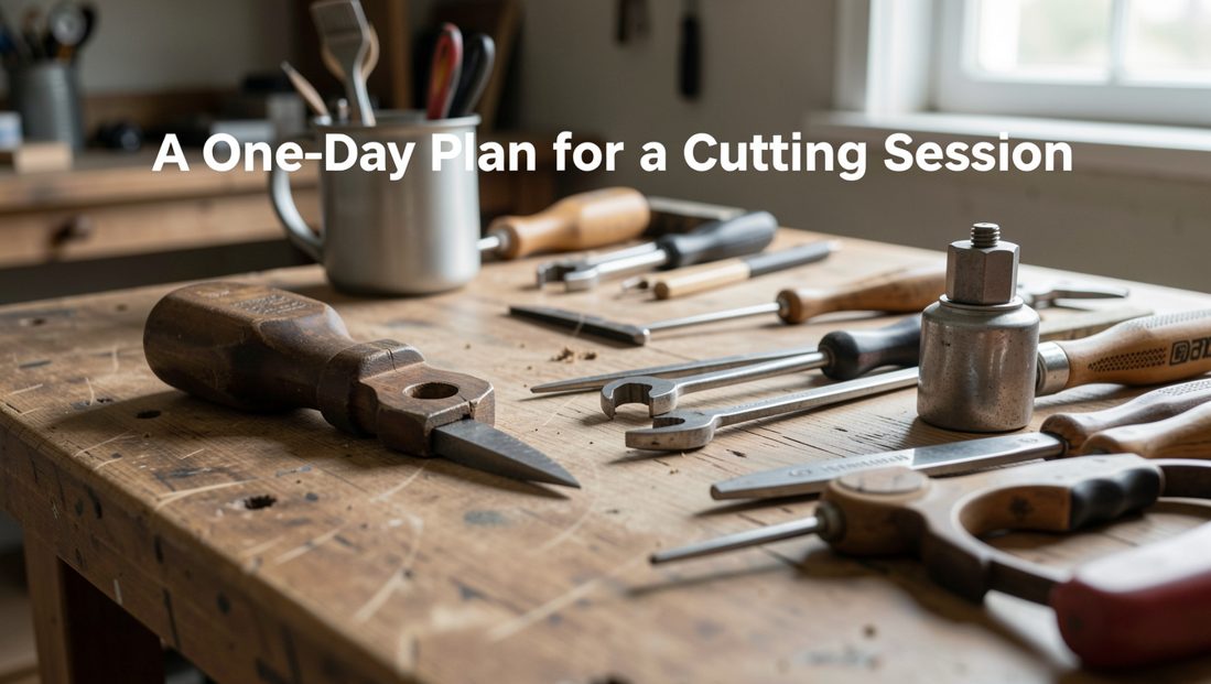 A cutting mat with a template, a stack of film sheets and a day plan written on an index card beside a steel rule
