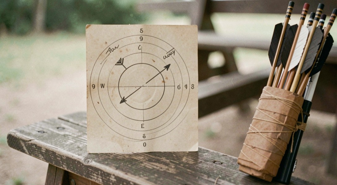 A paper target face on a butt showing two marked arrow groups, beside a quiver of wrapped arrows leaning against the bench
