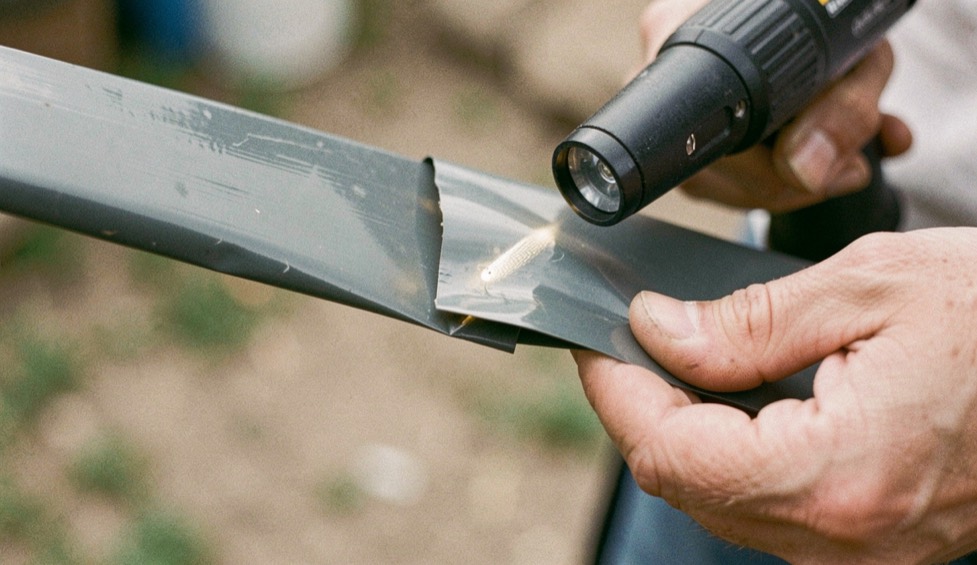 A hand lifting the loosened edge of a vinyl wrap from an arrow shaft while a small heat gun points at the film from a short distance