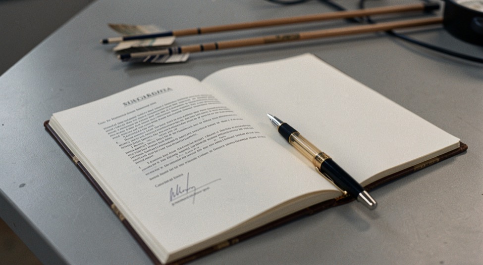 A bound document lying open on a grey desk to a signature page with a pen resting in the fold and arrow shafts blurred behind