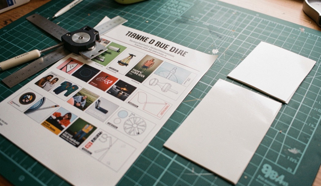 A printed vinyl sheet on a cutting mat with a steel rule and a fresh blade, several rectangular wrap blanks already cut beside it