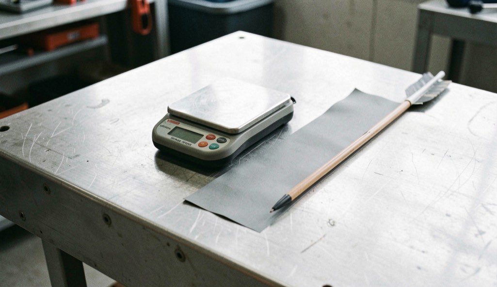 A small digital scale on a steel bench weighing a strip of grey vinyl film, an arrow shaft lying beside it on the surface