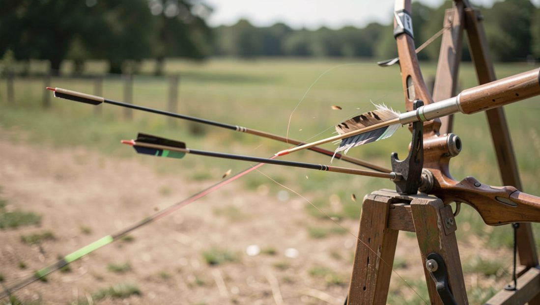 An arrow mid-flight against a blurred target butt, the shaft flex visible, early morning side light