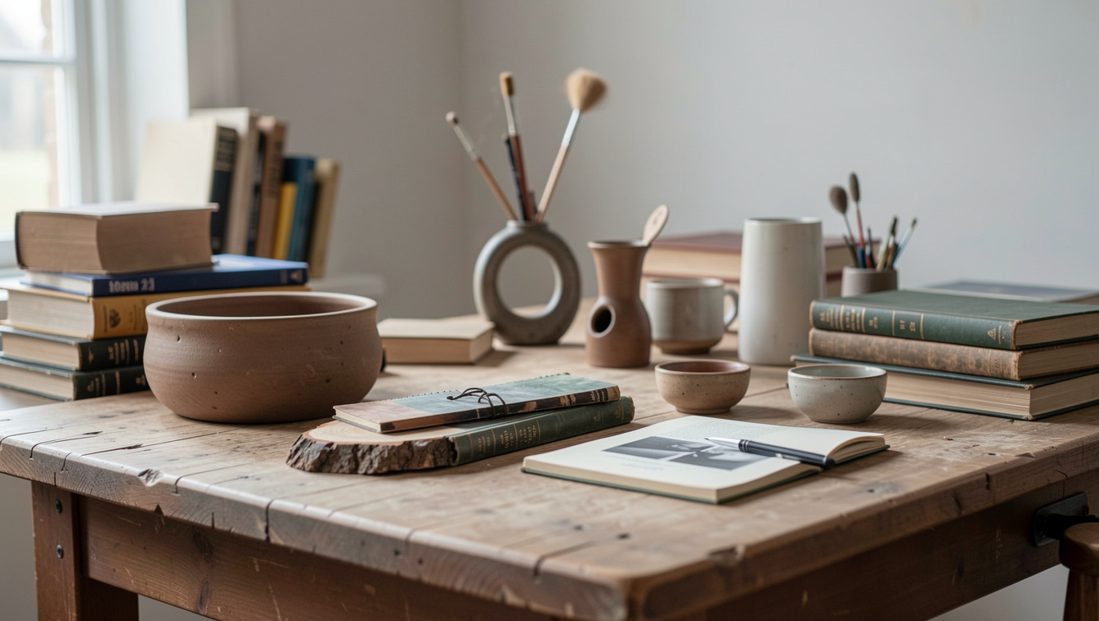 A stack of small printed cards showing wrap designs beside a hand press and a pot of ink on a workshop table