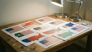 A spread of printed arrow wrap sheets on a bench, each printed with a different American state flag design, lit by a desk lamp