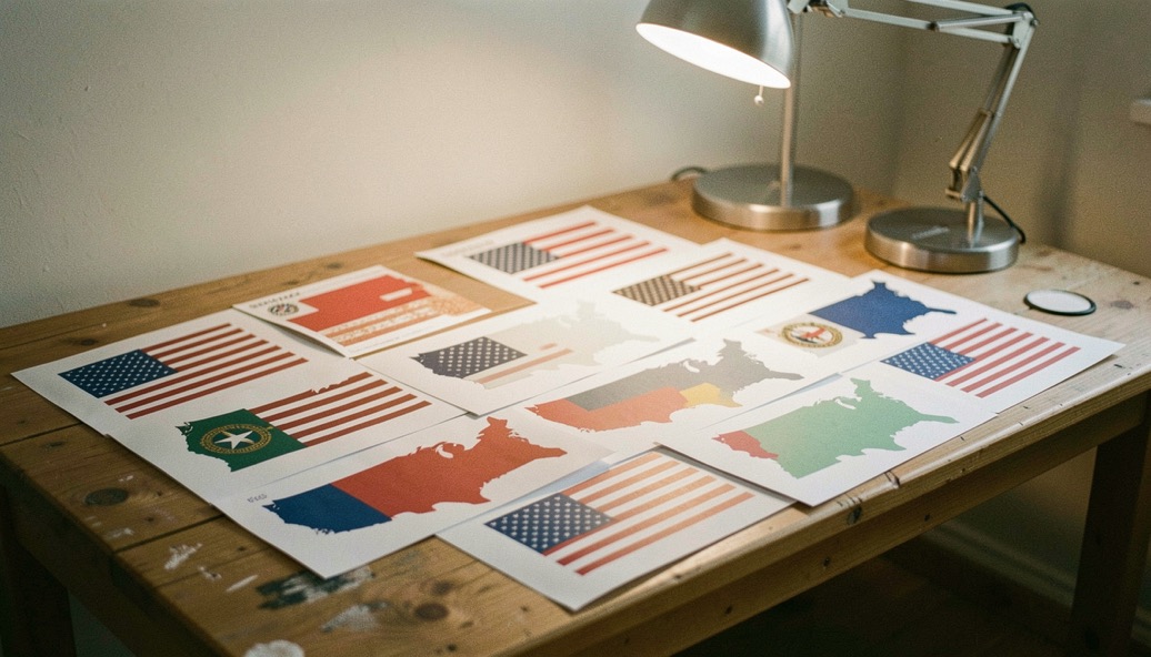 A spread of printed arrow wrap sheets on a bench, each printed with a different American state flag design, lit by a desk lamp